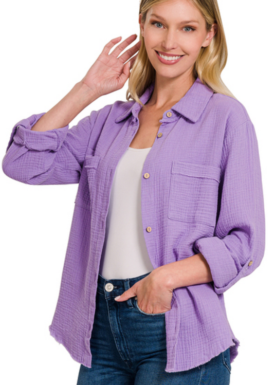 Double Gauze Button Down Roll-Up Long Sleeve Shirt