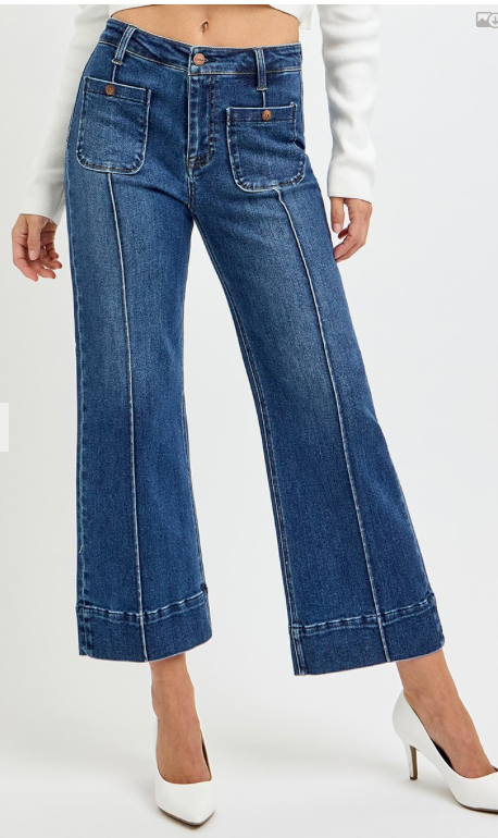 High Rise Wide Jeans with Front Pintuck & Patch Pocket Detail