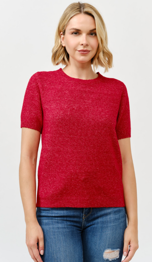 Red Short Sleeve Crew Neck Sweater