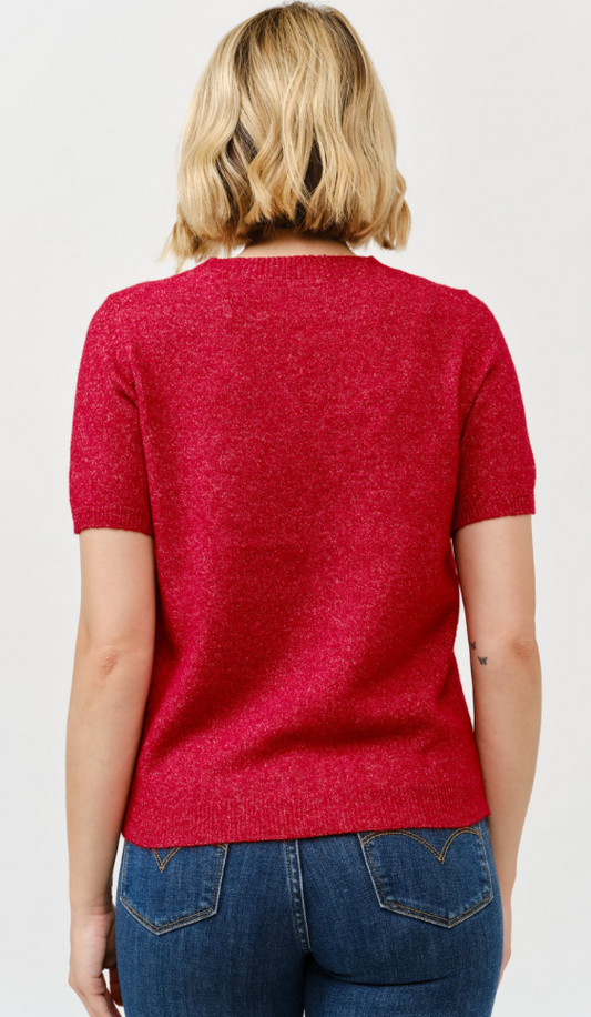 Red Short Sleeve Crew Neck Sweater