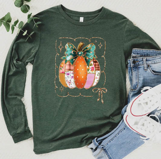 ✨ Patchwork Pumpkin Graphic Long Sleeve Tee