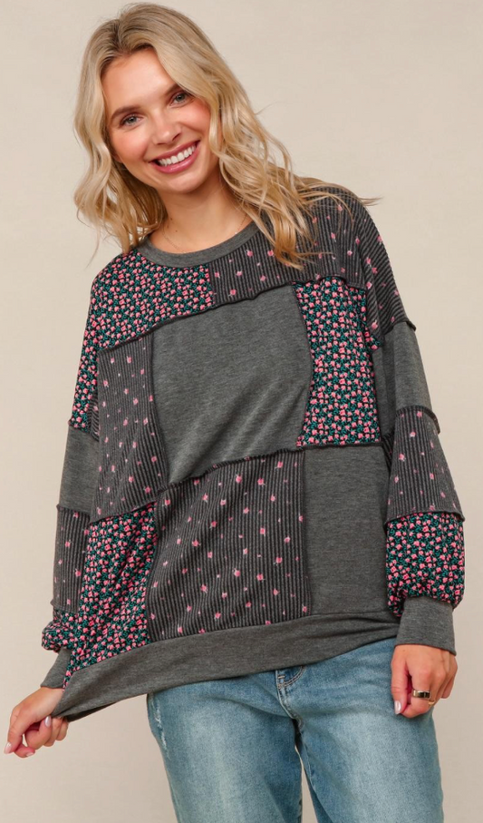 French Terry Ditsy Floral Color Block Pullover