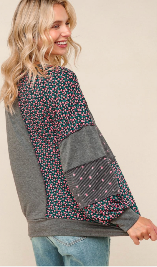French Terry Ditsy Floral Color Block Pullover