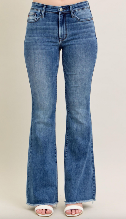 Judy Blue Mid Rise Vintage Wash Fray Hem Flare Denim Jeans
