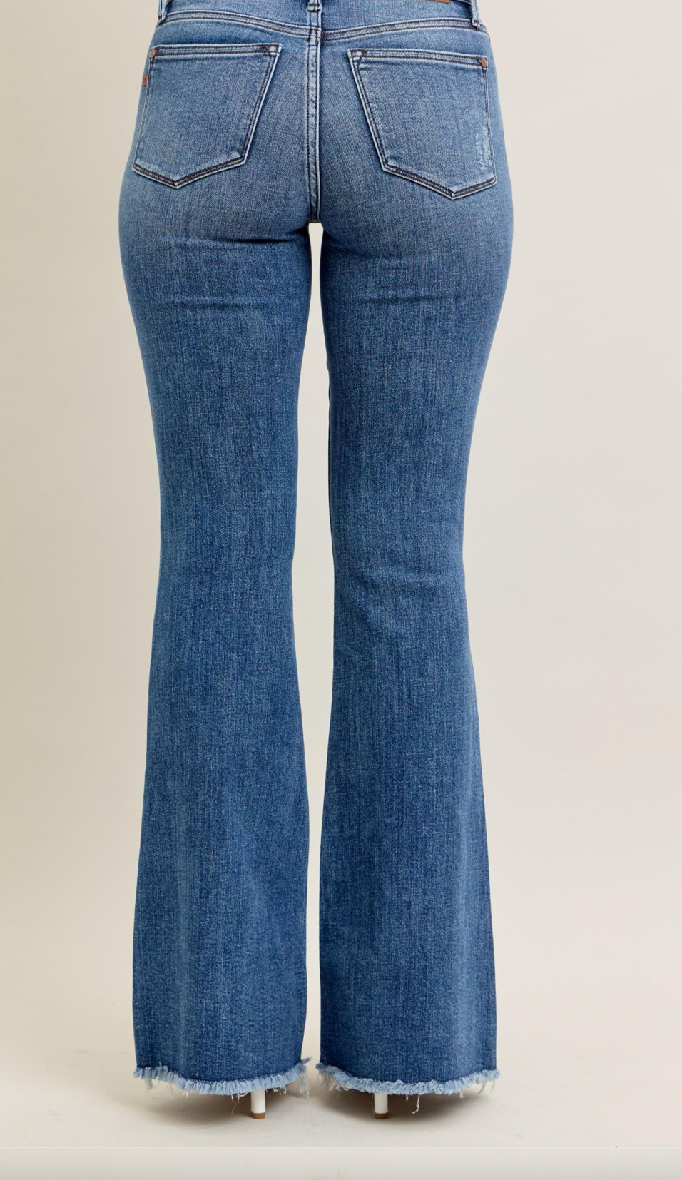 Judy Blue Mid Rise Vintage Wash Fray Hem Flare Denim Jeans