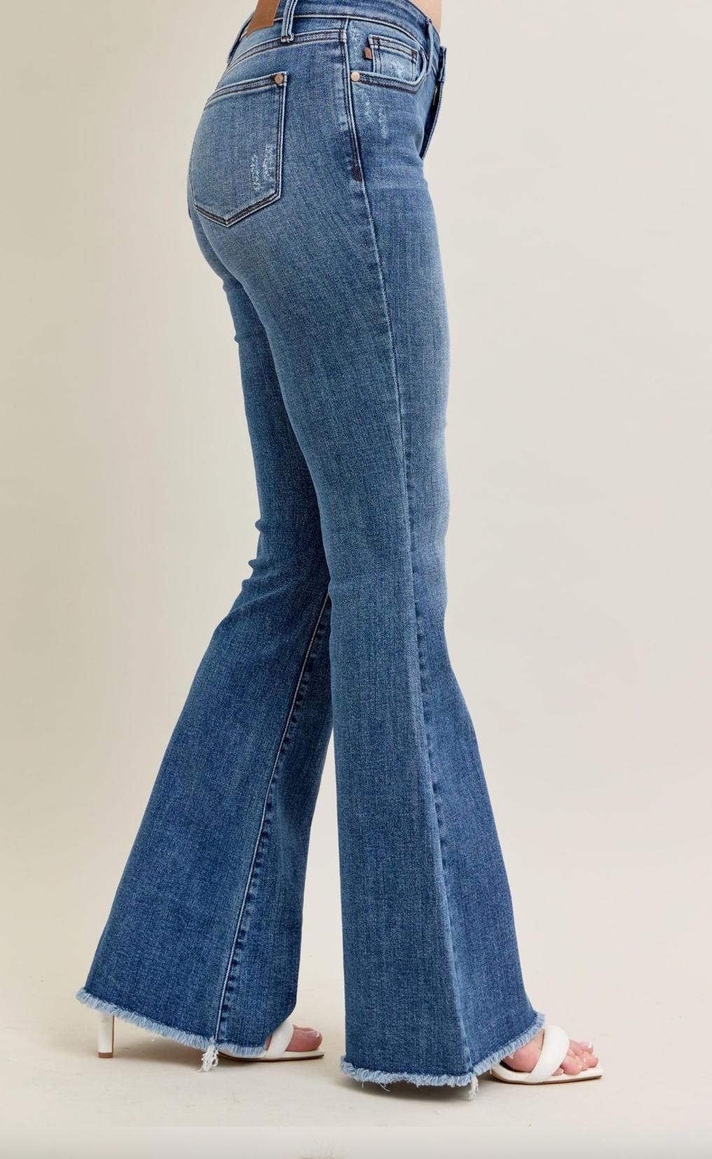 Judy Blue Mid Rise Vintage Wash Fray Hem Flare Denim Jeans