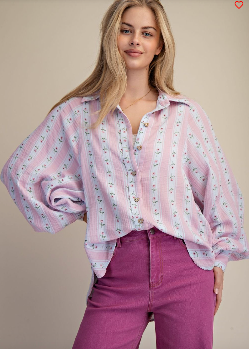Striped Floral Cotton Gauze Button Front Shirt