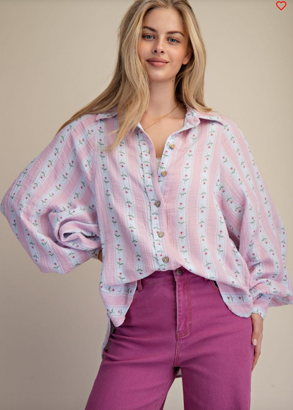 Striped Floral Cotton Gauze Button Front Shirt