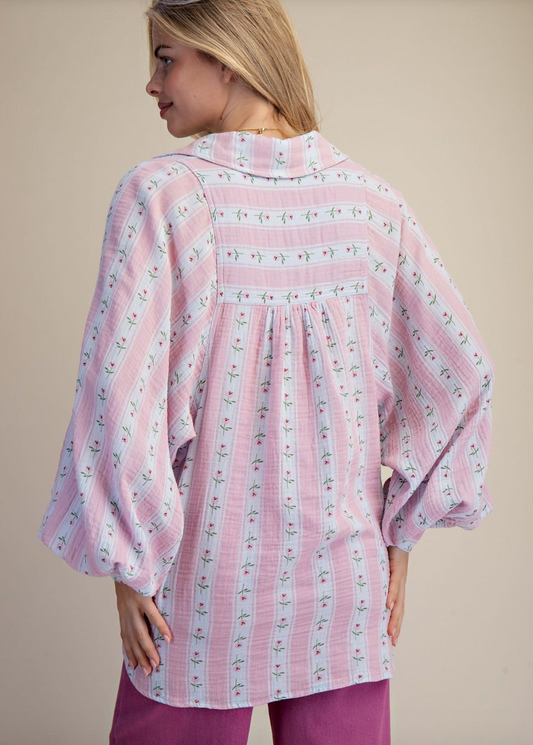 Striped Floral Cotton Gauze Button Front Shirt