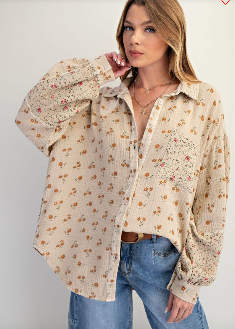 Mineral Washed Floral Cotton Gauze Oversized Shirt\