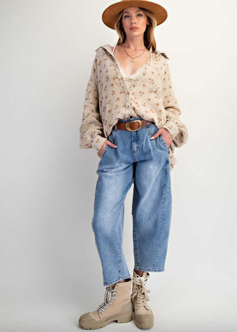 Mineral Washed Floral Cotton Gauze Oversized Shirt\