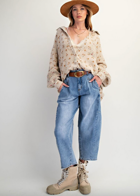 Mineral Washed Floral Cotton Gauze Oversized Shirt\