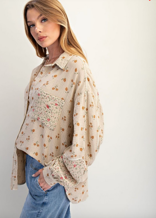 Mineral Washed Floral Cotton Gauze Oversized Shirt\