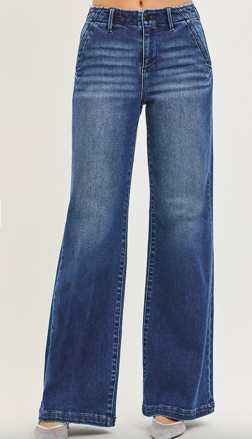 High Rise Wide Leg Slanted Pocket Jeans