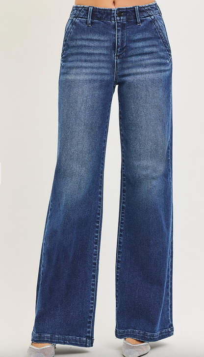 High Rise Wide Leg Slanted Pocket Jeans
