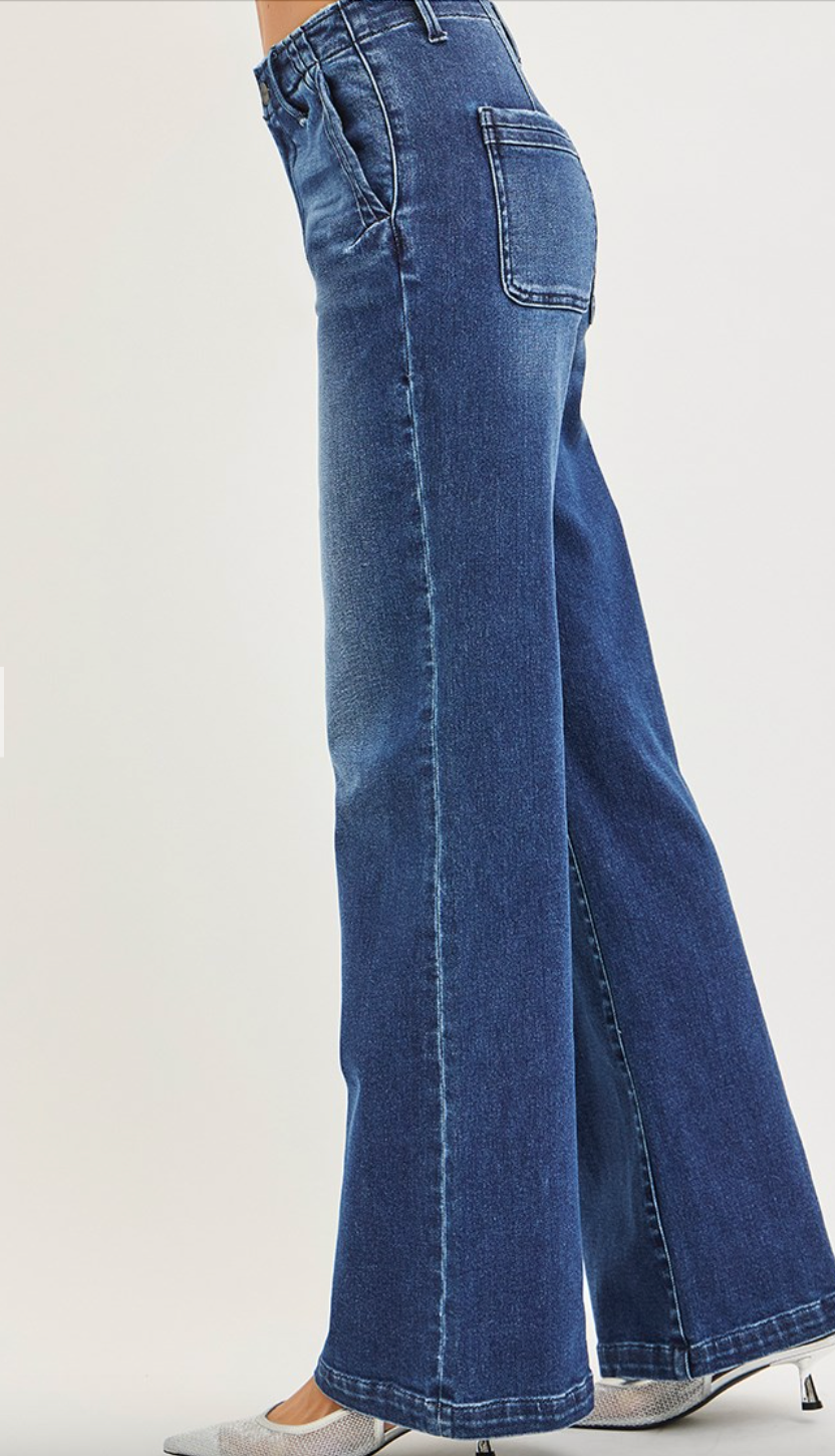 High Rise Wide Leg Slanted Pocket Jeans