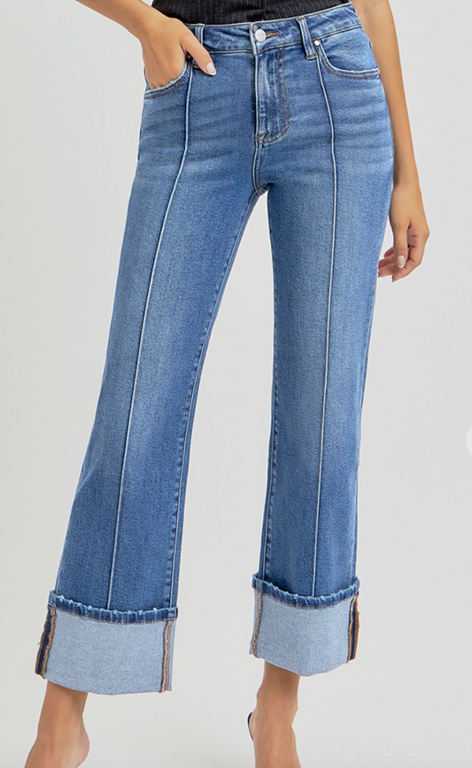 High Rise Ankle Straight Jeans with Wide Cuff