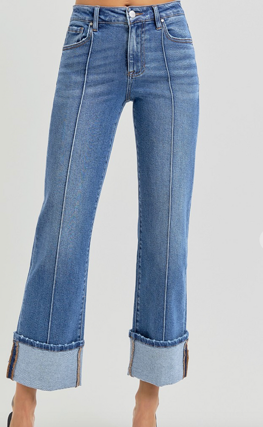 High Rise Ankle Straight Jeans with Wide Cuff