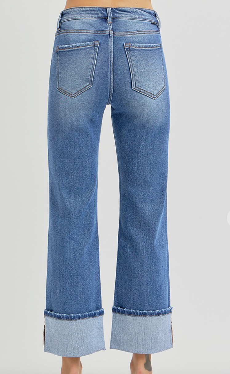 High Rise Ankle Straight Jeans with Wide Cuff