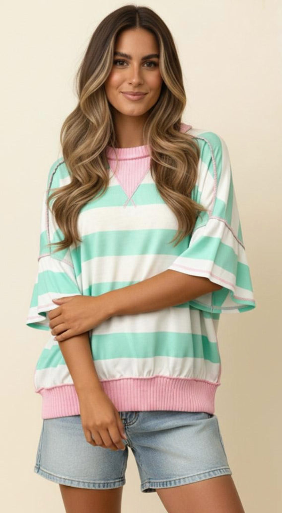 Flutter Sleeve Stripe French Terry Top