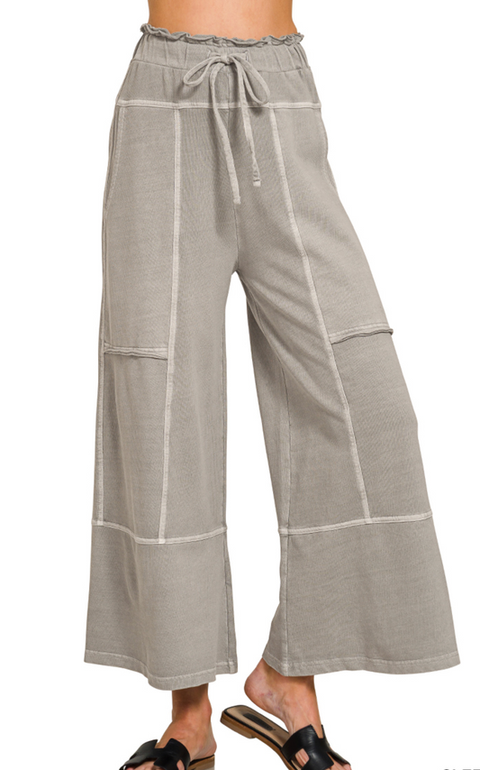 FRENCH TERRY WASHED EXPOSED-SEAM WIDE LEG PANTS