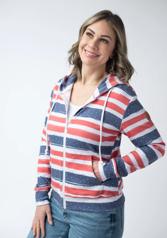 MM Fullzip Hoodie - Striped Red, White, and Micro Blue Stars