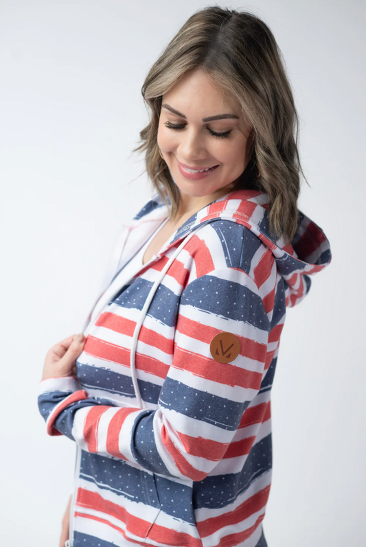 MM Fullzip Hoodie - Striped Red, White, and Micro Blue Stars