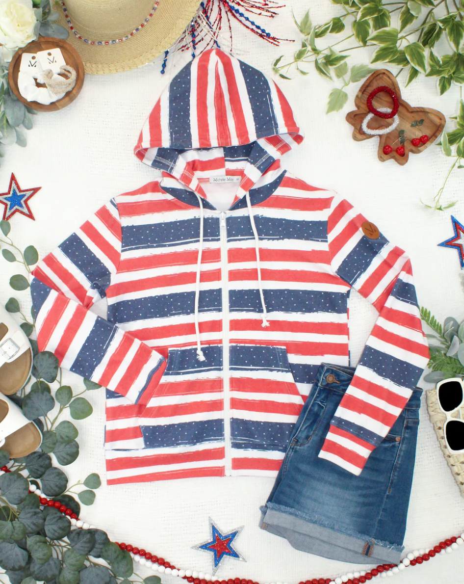 MM Fullzip Hoodie - Striped Red, White, and Micro Blue Stars