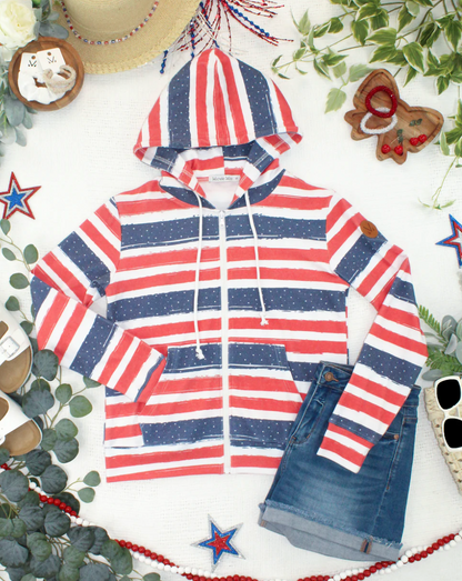 MM Fullzip Hoodie - Striped Red, White, and Micro Blue Stars