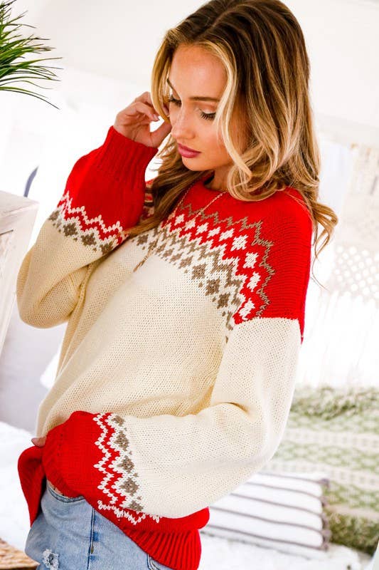 Red & White Fair Isle Cozy Knitted Sweater