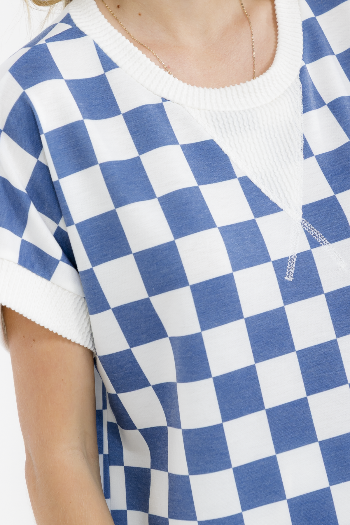Checkerboard Split V-Neck Casual Top