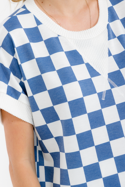Checkerboard Split V-Neck Casual Top