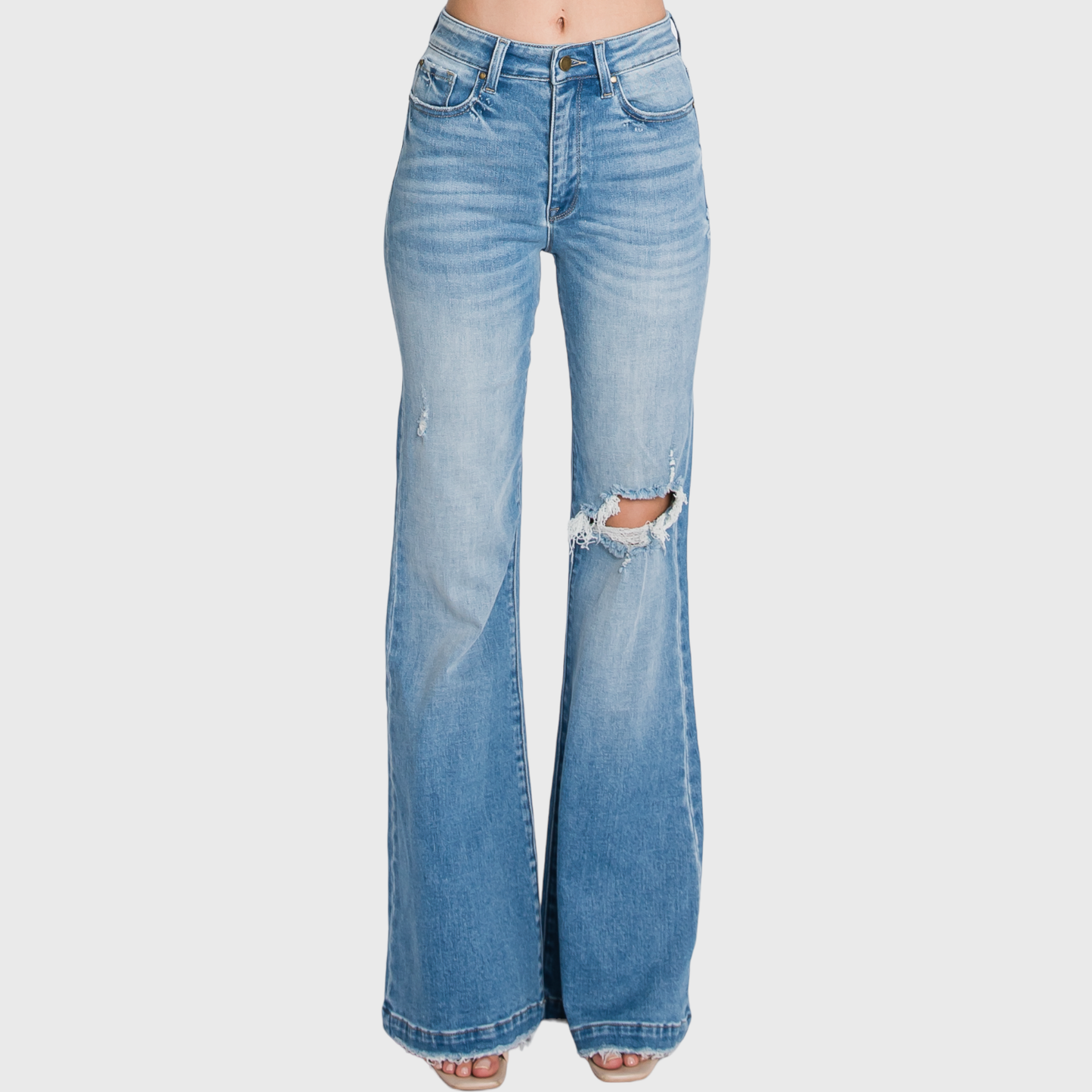 Long Distressed Super High Rise Flare Jean