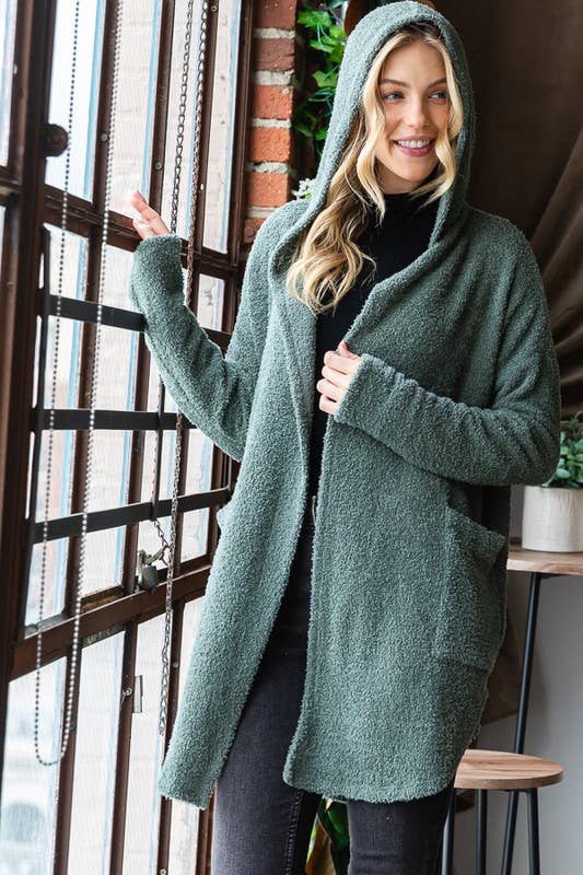 LONG SLEEVE SOLID COZY KNIT HOODIE CARDIGAN