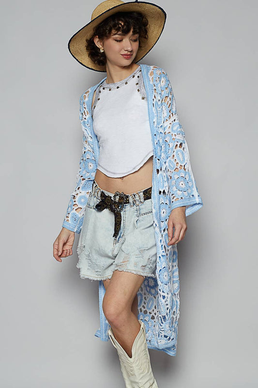 V-Neck Long Sleeve Crochet Knit Weave Cardigan