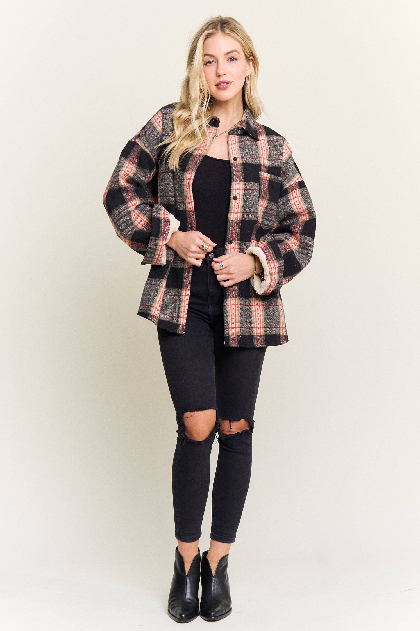 Plaid Sherpa-Lined Button Down Shacket