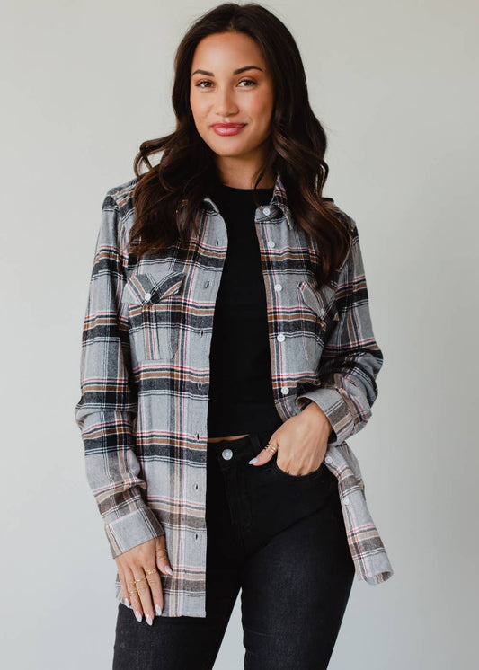 Gray, Red, Camel & Black Plaid Flannel – Bleached Dip Contrast
