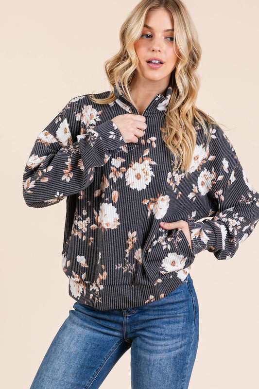Floral 1/4 Zip Ribbed Top – Black & Floral