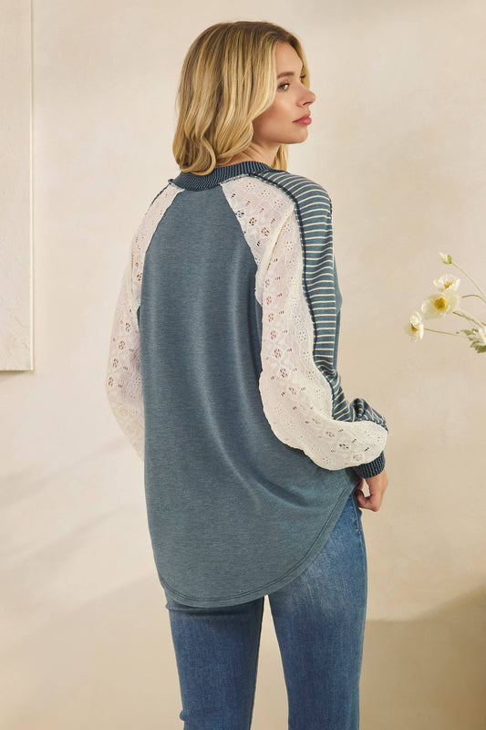 Vintage Teal Knit Top with Lace Sleeve Detail
