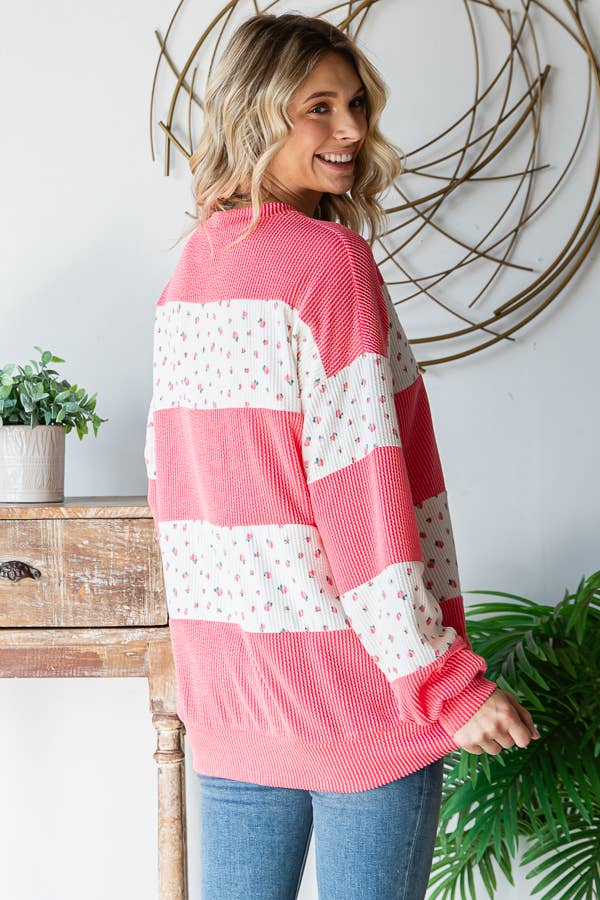 Floral Rib Drop Shoulder Pullover – Coral & Cream