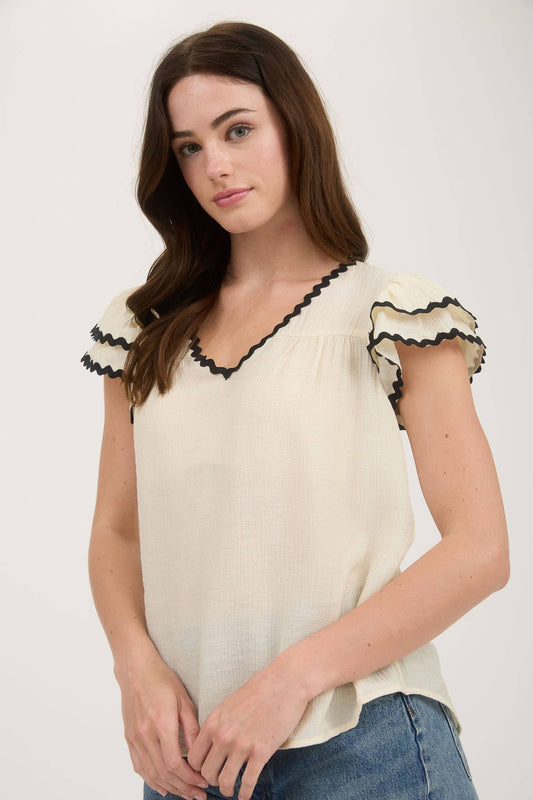 Woven Top with Short Layered Ruffle Sleeves