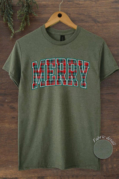 Classic Plaid “Merry” Graphic Tee – Military Green 🎄💚