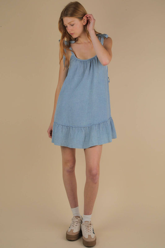 Mineral Washed Shoulder Tie Mini Dress