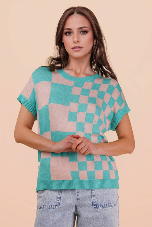 Dolman Sleeve Checkered Sweater Top