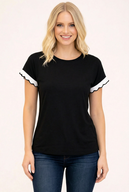 Scalloped Sleeve Contrast Trim Tee