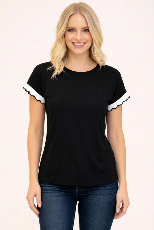 Scalloped Sleeve Contrast Trim Tee