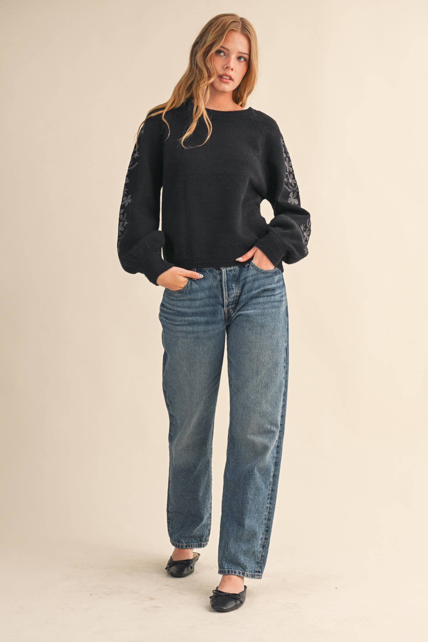 Pullover Sweater with Floral Embroidered Sleeves