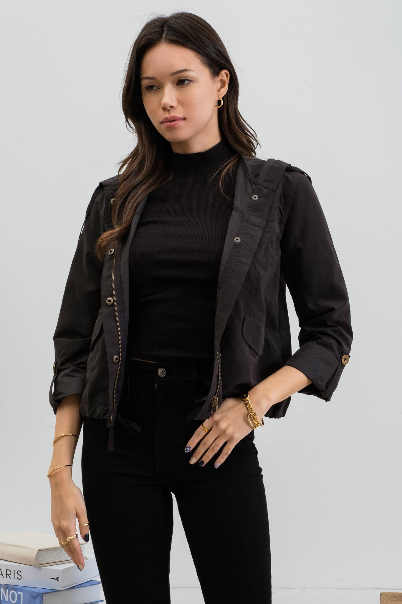 Zipper Front Hooded Jacket with Snap Buttons