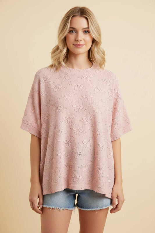 Embossed Floral Knit Top – Baby Pink