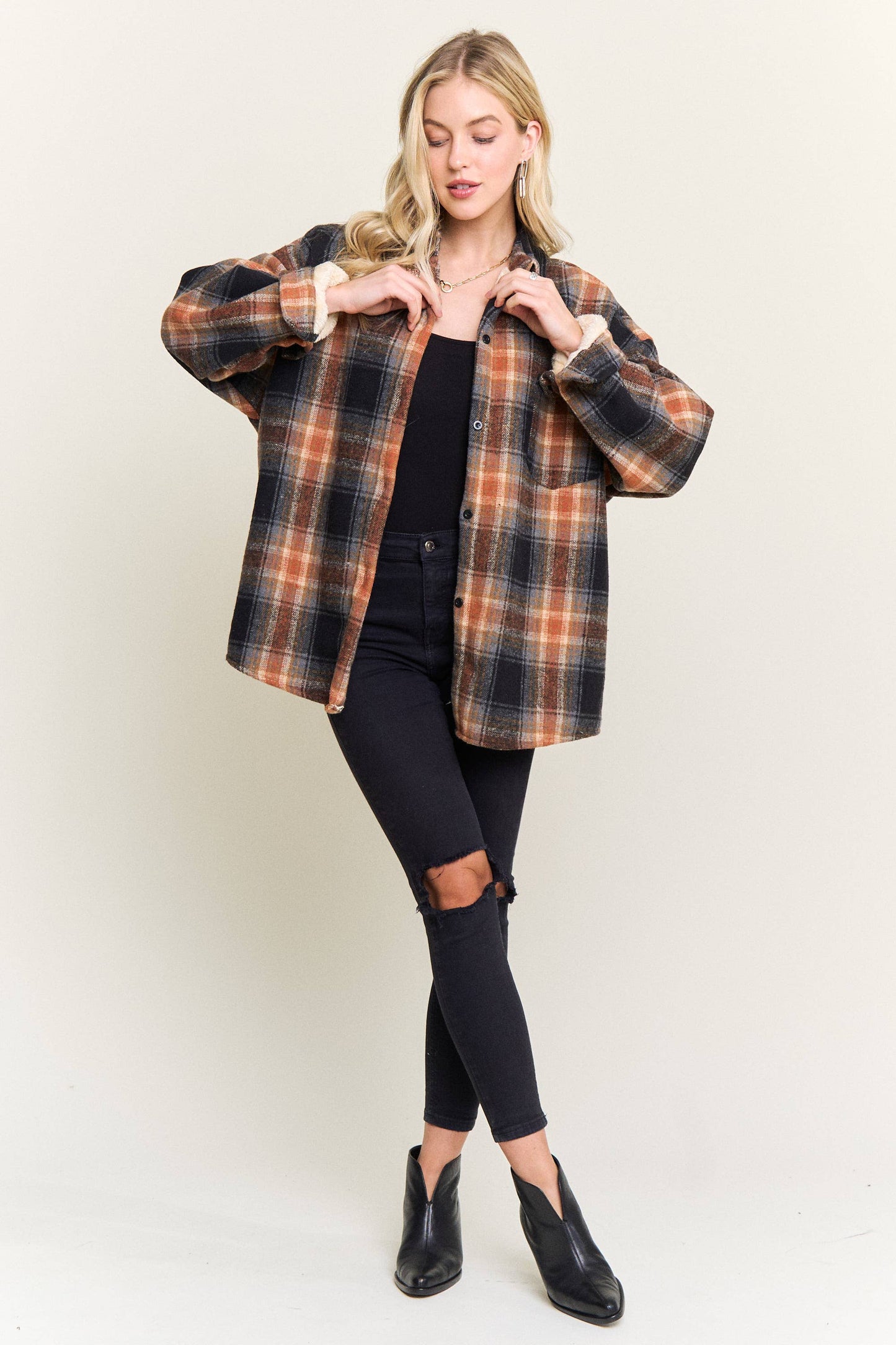 Plaid Sherpa-Lined Button Down Shacket